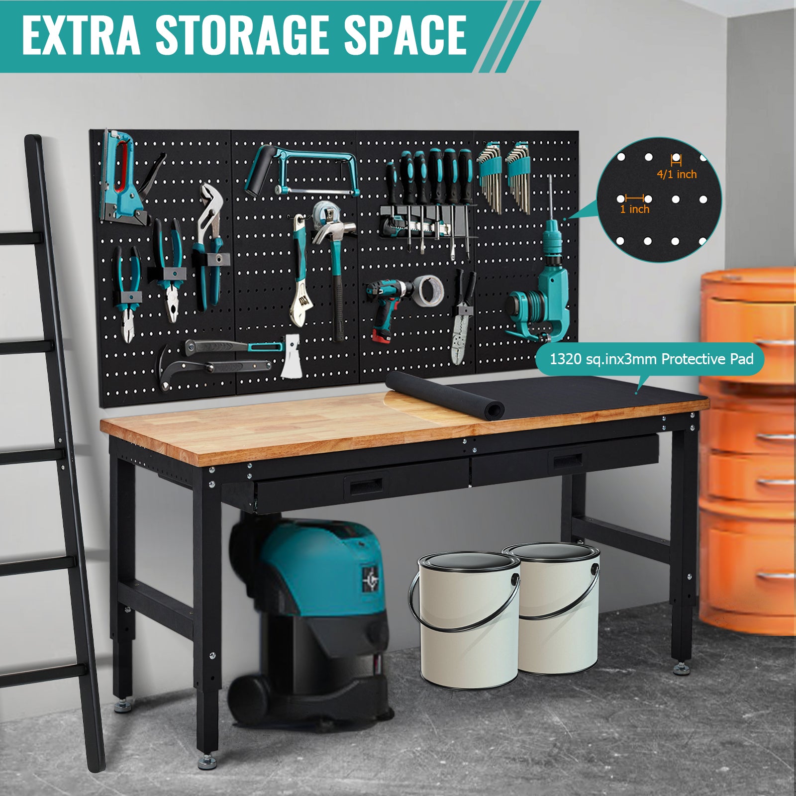 Garvee 60x22 Inch WorkBench, Rubber Wood Tabletop Work Table with 2 Dr